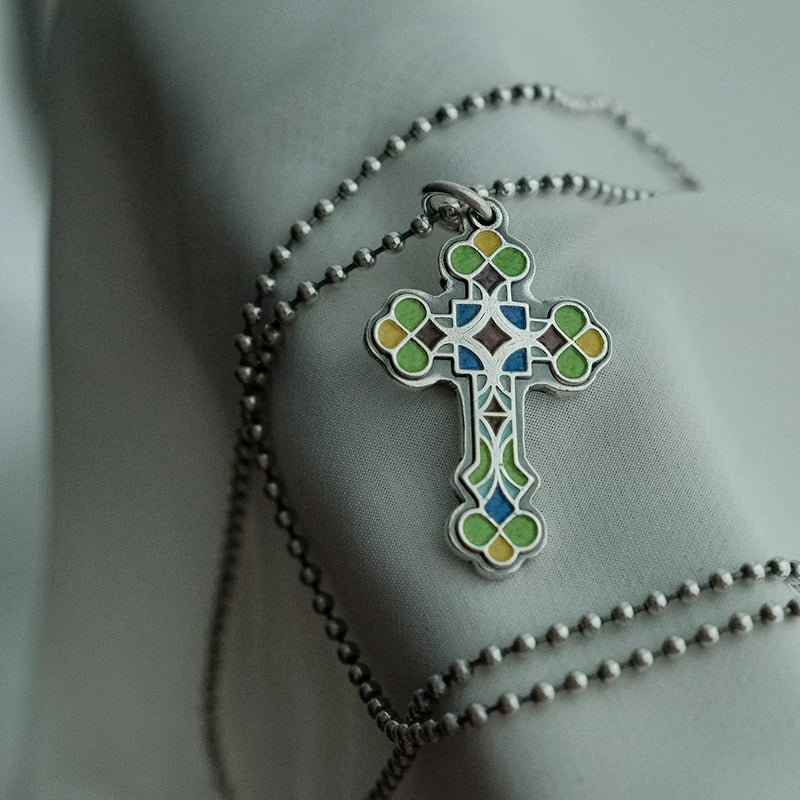 Handmade Independent Original 99 Sterling Silver Enamel Cross Charm Pendant Necklace Silver Jewelry