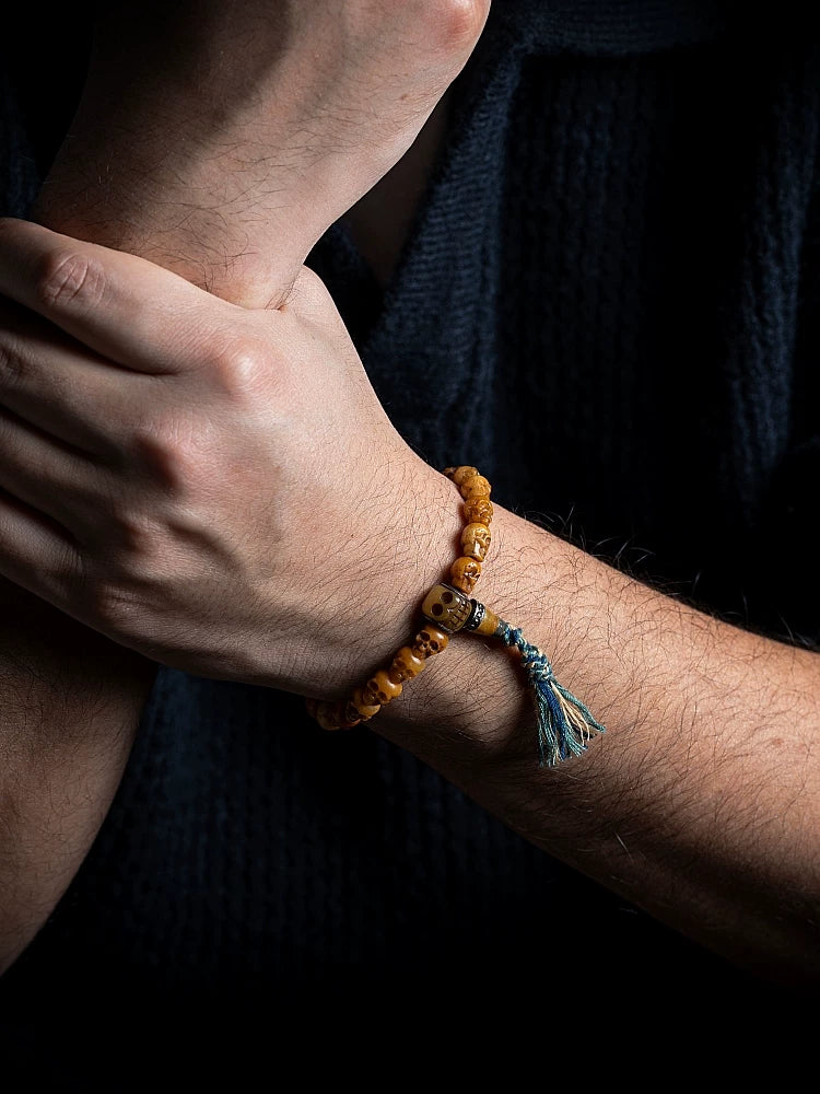 Handmade Natural Tibetan Yak Bone Mala Beads Bracelet Single Strand Citipati Skull Bracelet Tibetan Buddhist Prayer Beads Wrist Mala Unique Ethnic Spiritual Jewelry for Men Women