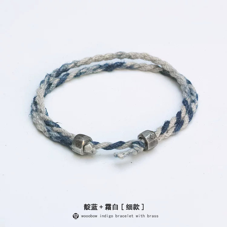 Handmade Original Pure Silver Buckle Double Wrap Indigo Dyed Cotton Linen Adjustable Bracelet Unisex One Size Fits All Natural Plant Indigo Woven Double Layer Wrist Bangle