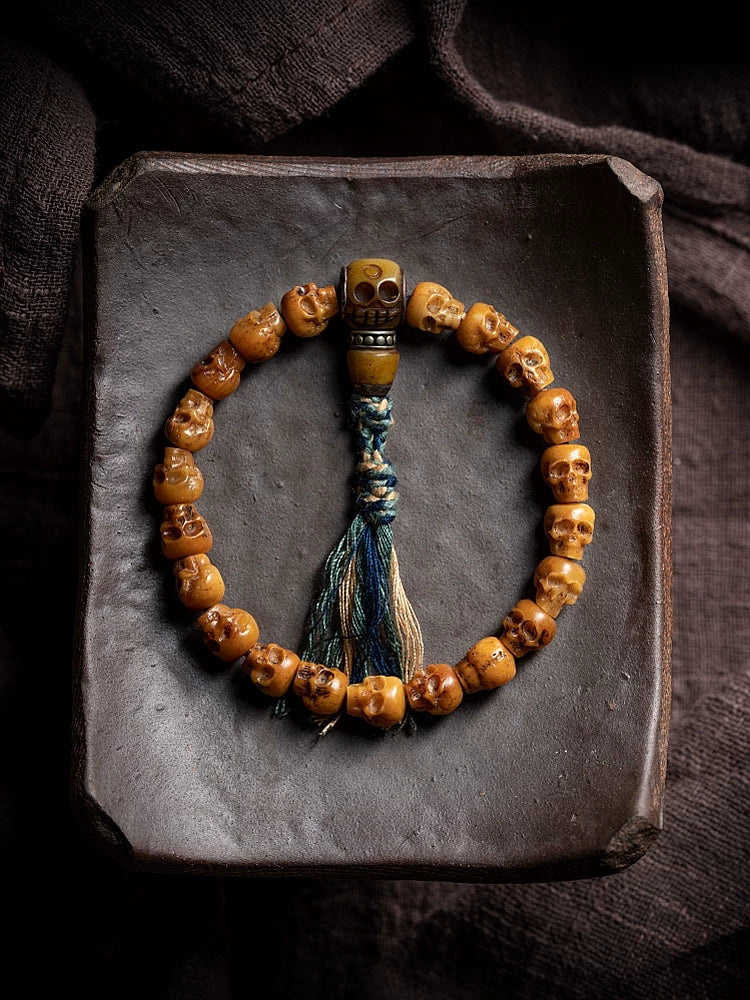 Handmade Natural Tibetan Yak Bone Mala Beads Bracelet Single Strand Citipati Skull Bracelet Tibetan Buddhist Prayer Beads Wrist Mala Unique Ethnic Spiritual Jewelry for Men Women