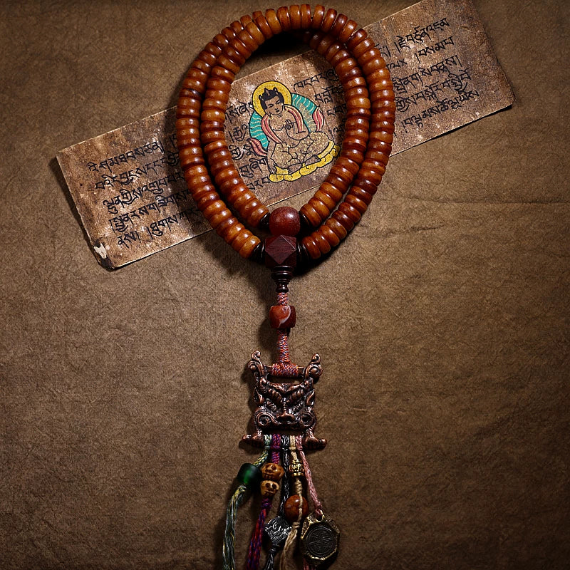 Tibetan Style Natural Old Material Yak Bone 108 Beads Prayer Mala For Men Women Yak Bone Bracelet Necklace With Scripture Buckle Handmade Tibetan Jewelry