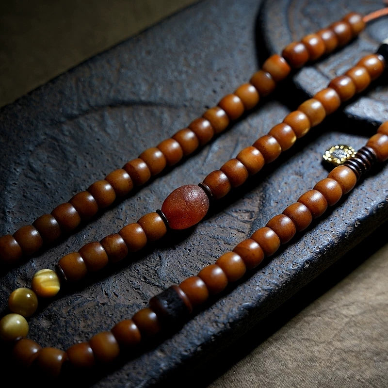 Tibet Naturlige Gamle Yak Knogle Perler Bøn Mala Armbånd Håndlavet Tibetansk Stil Dobbeltlags Yak Knogle Armbånd til Mænd og Kvinder Par Spirituel Meditation Smykker