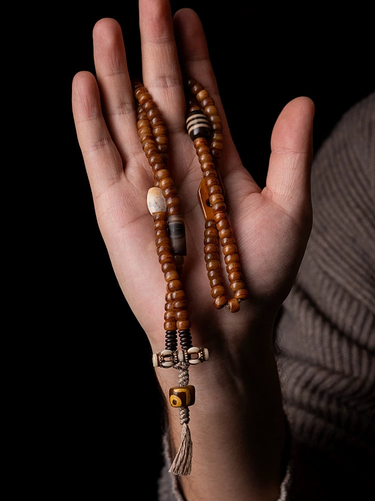 108 Beads Multi loop Handcrafted Tibetan Braided Rope Design Natural Old Yak Bone Mala Beads Bracelet For Men Can Be Used As Hand String or Necklace