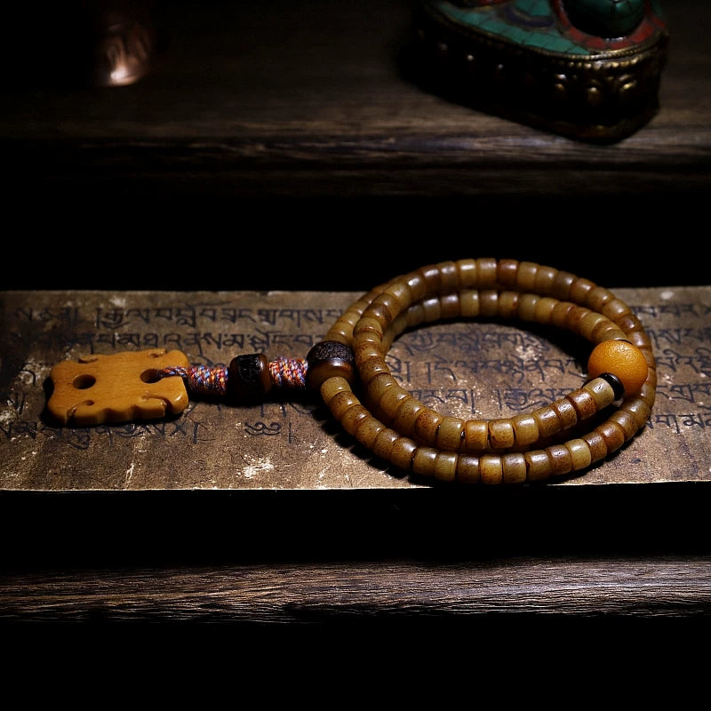 108 Perler Lille Størrelse Gammelt Materiale Autentisk Tibetansk Naturlig Yakben Mala Bedearmbånd Håndlavet Tibetansk Stil Yakben Buddhistisk Rosenkrans Armbånd