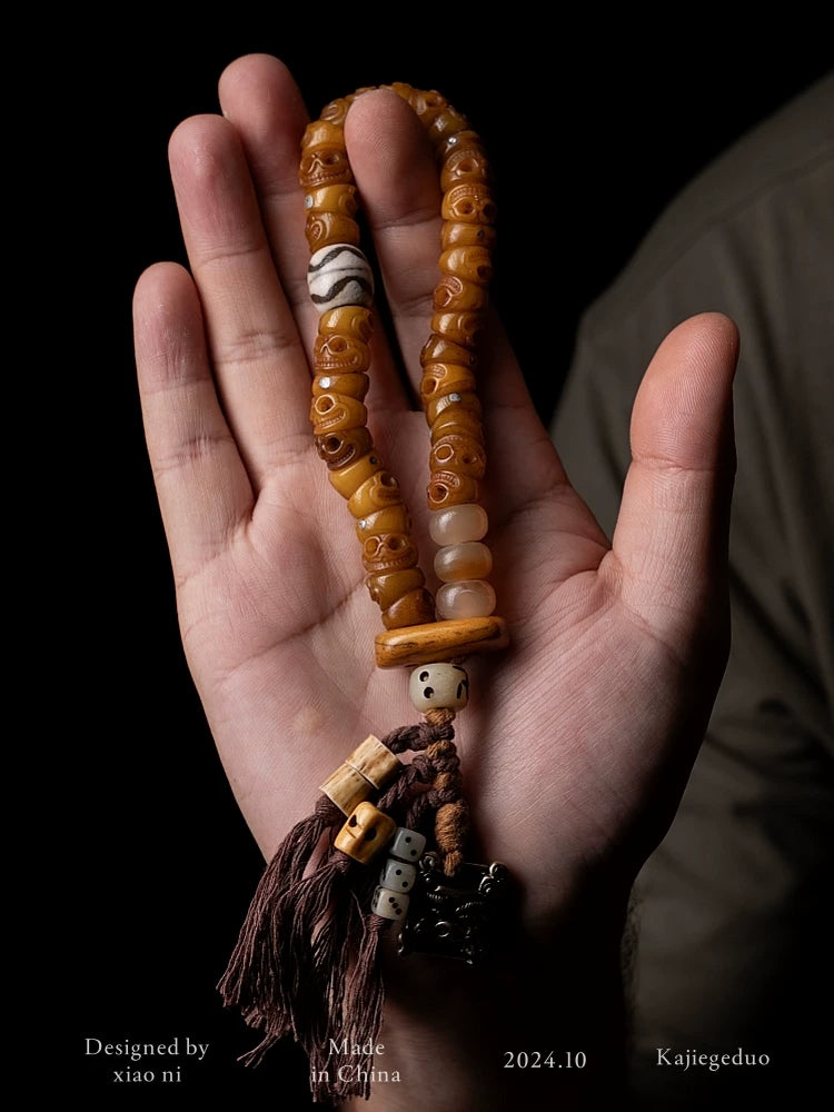 Tibetan Diagonal Cut Fringe Design Yak Bone Prayer Beads Bracelet Sitapati Skeleton Yak Bone Beaded Mala Hand String for Meditation Tibetan Buddhism Jewelry