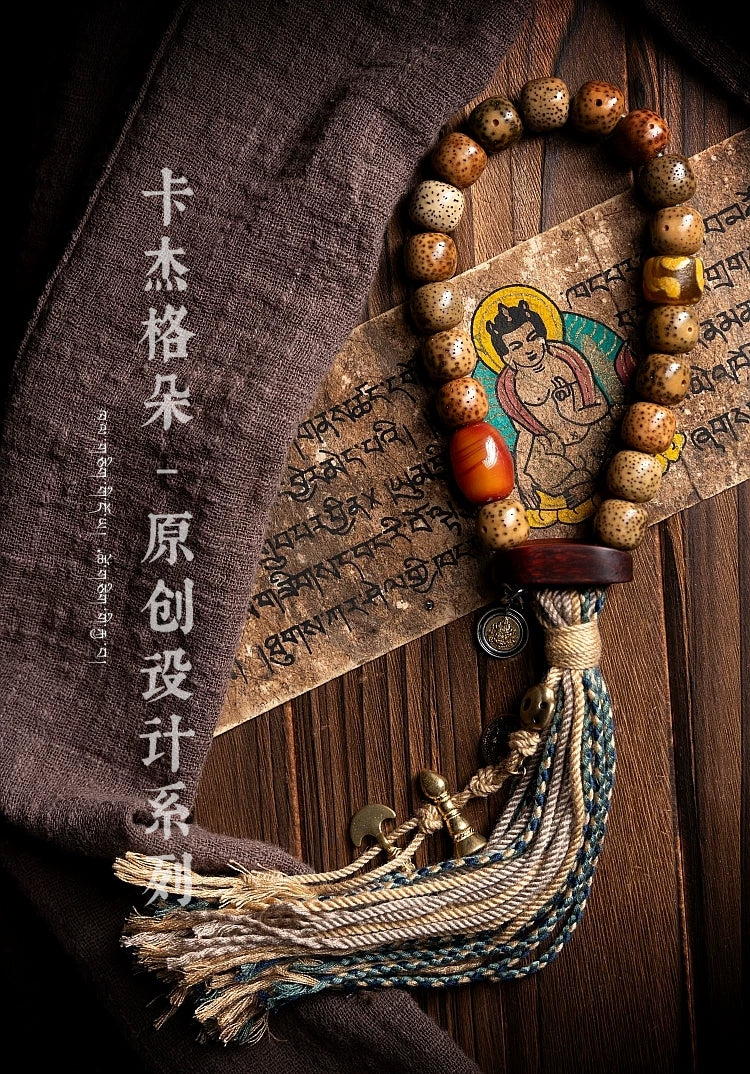 Vintage Aged Star-Moon Bodhi Beads Bracelet Single Layer Tibetan Style Handheld Bracelet with Braided Rope Tassel Old Material Star Moon Bodhi Mala Prayer Beads Wrist Mala