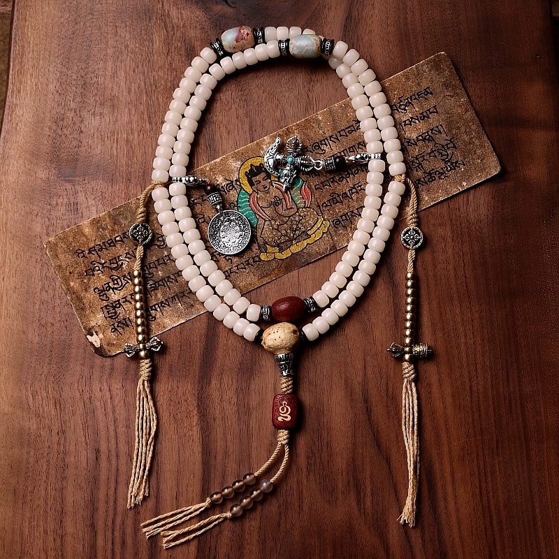 Original Tibetan Style 108 Beads White Bodhi Root Mala Prayer Beads Bracelet For Men And Women Natural Dzi Bead Versatile Necklace Hand String Ethnic Spiritual Jewelry