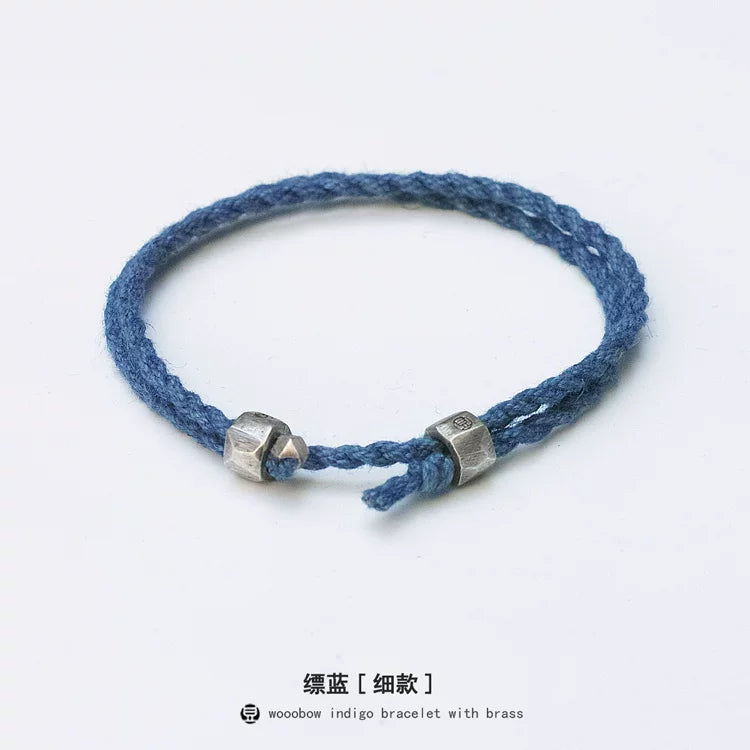 Handmade Original Pure Silver Buckle Double Wrap Indigo Dyed Cotton Linen Adjustable Bracelet Unisex One Size Fits All Natural Plant Indigo Woven Double Layer Wrist Bangle