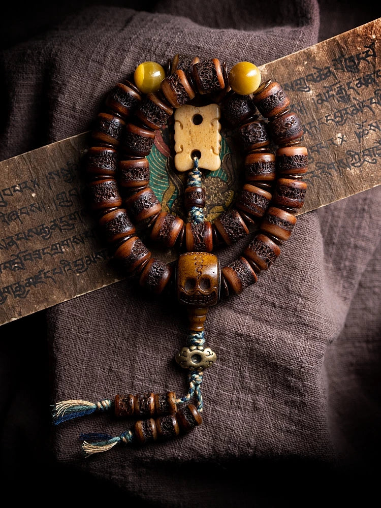 Inherited Collection Hand Carved Natural Old Material Tibetan Yak Bone Mala Bracelet Double Layered Rare Niche Yak Bone Prayer Beads Wrist Bracelet for Men