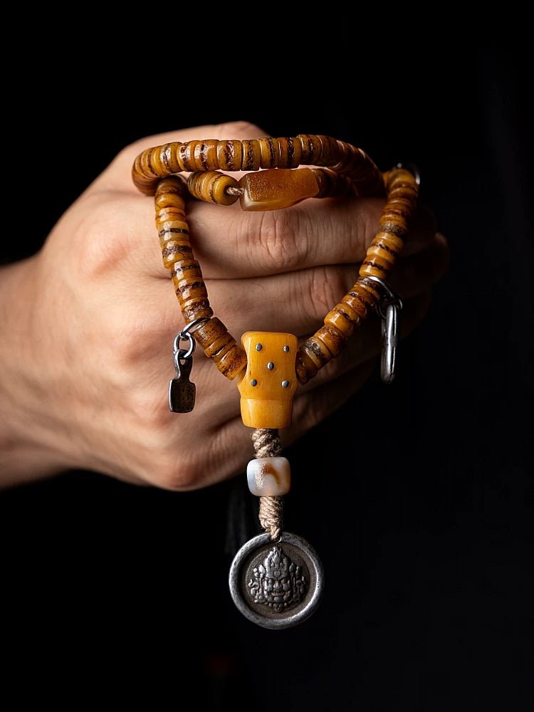 Original Handmade 108 Beads Tibetan Mala Little Gaga Prayer Beads Old Yak Bone Mala Bracelet Tibetan Style Meditation Winding Bracelet for Tibetan Buddhist Nurturing Play