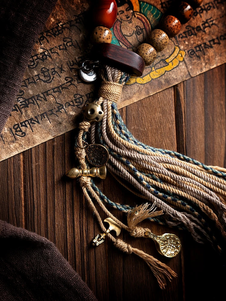 Vintage Aged Star-Moon Bodhi Beads Bracelet Single Layer Tibetan Style Handheld Bracelet with Braided Rope Tassel Old Material Star Moon Bodhi Mala Prayer Beads Wrist Mala