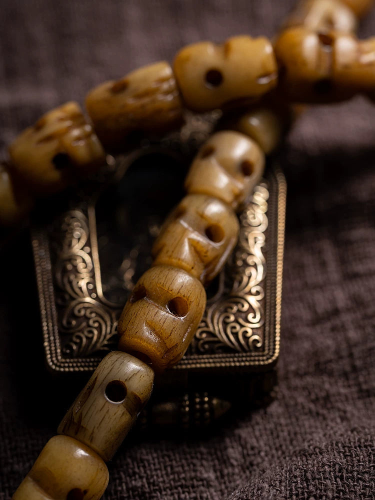 Hand Carved Replica Citipati Master Natural Aged Yak Bone Mala Beads Multi Wrap Bracelet Skull Citipati Master Yak Bone Carved Tibetan Prayer Beads Bracelet
