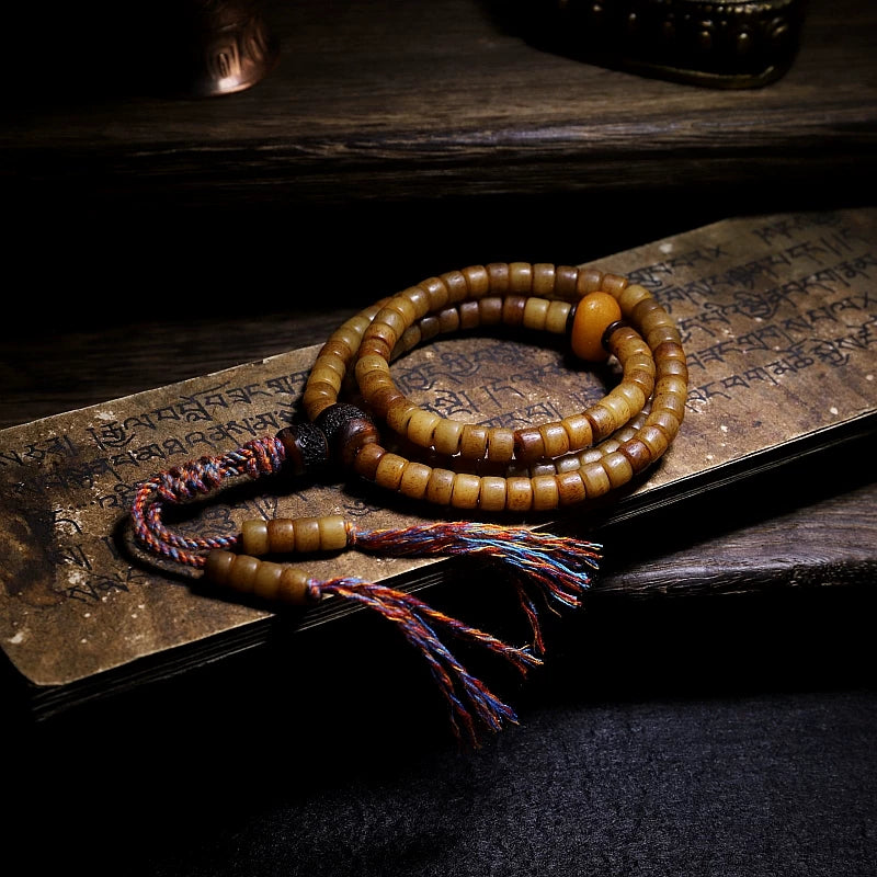108 Perler Lille Størrelse Gammelt Materiale Autentisk Tibetansk Naturlig Yakben Mala Bedearmbånd Håndlavet Tibetansk Stil Yakben Buddhistisk Rosenkrans Armbånd