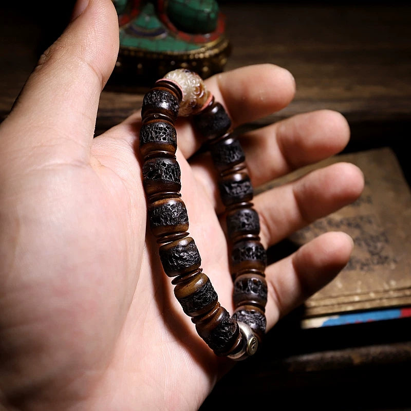 Authentic Inheritance Tibetan Natural Old Yak Bone Prayer Beads Bracelet Vintage Dharma Gaga Beaded Wrist Bracelet Unisex Handcrafted Tibetan Buddhism Meditation Wenwang Jewelry