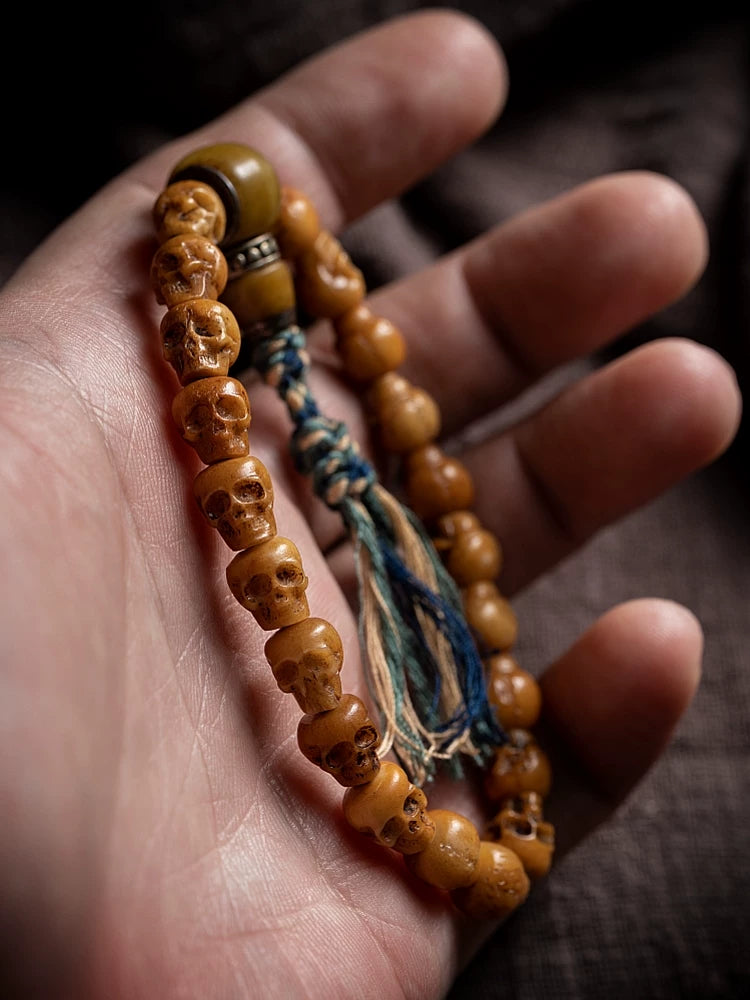 Handmade Natural Tibetan Yak Bone Mala Beads Bracelet Single Strand Citipati Skull Bracelet Tibetan Buddhist Prayer Beads Wrist Mala Unique Ethnic Spiritual Jewelry for Men Women
