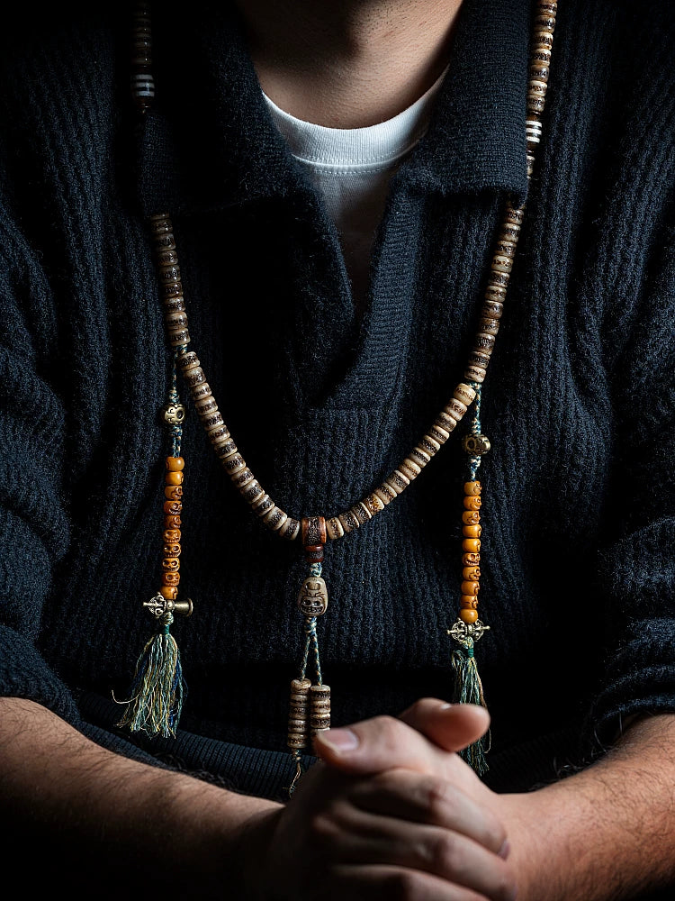 108 Beads Authentic Tibetan Natural Yak Bone Mala Prayer Beads Bracelet For Men Handmade Tibetan Yak Bone Lucky Spirit Beads Vintage Wenge Craft Prayer Beads