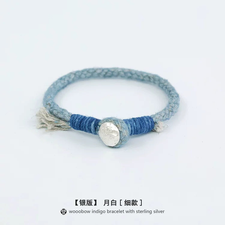 Handmade Indigo Dyed Beaded Buckle Cotton Linen Cord Bracelet with Pure Silver Accent Natural Plant Dye Unisex Couple Bangle Trendy Jewelry Perfect Holiday Birthday Gift for Men and Women