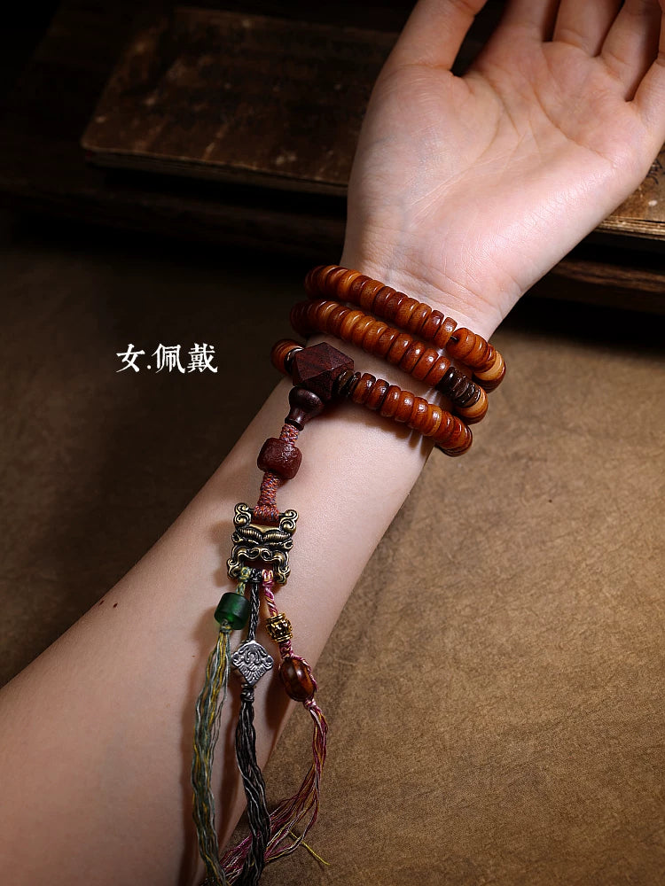 Tibetan Style Natural Old Material Yak Bone 108 Beads Prayer Mala For Men Women Yak Bone Bracelet Necklace With Scripture Buckle Handmade Tibetan Jewelry