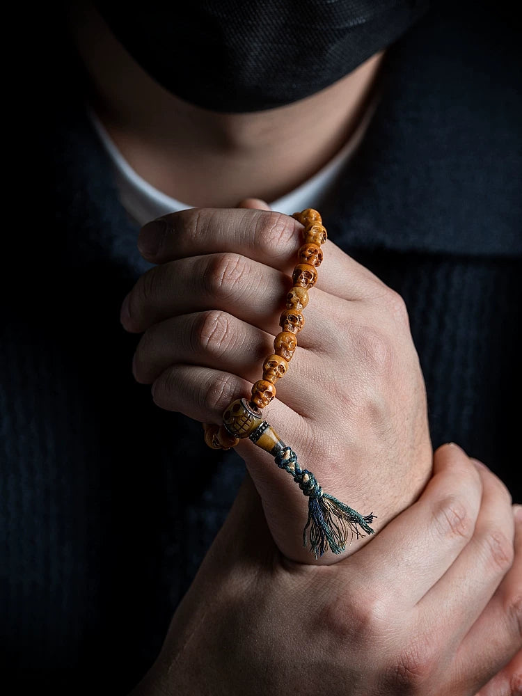 Handmade Natural Tibetan Yak Bone Mala Beads Bracelet Single Strand Citipati Skull Bracelet Tibetan Buddhist Prayer Beads Wrist Mala Unique Ethnic Spiritual Jewelry for Men Women