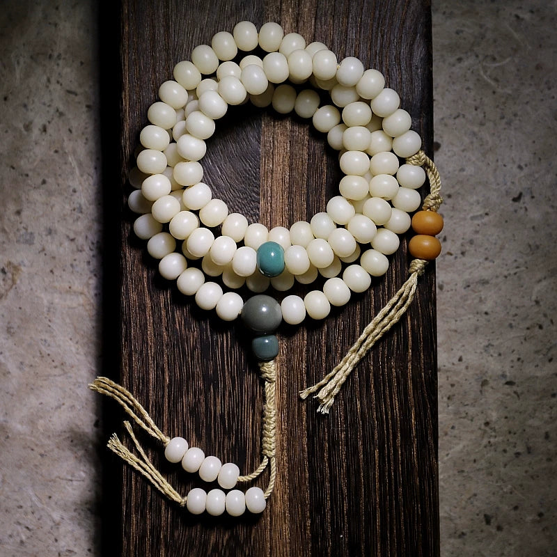 Original Design 108 Beads Natural White Bodhi Root Prayer Beads Bracelet White Jade Texture Hand String for Men Meditation Practice and Women Daily Wear Buddhist Rosary Wristband