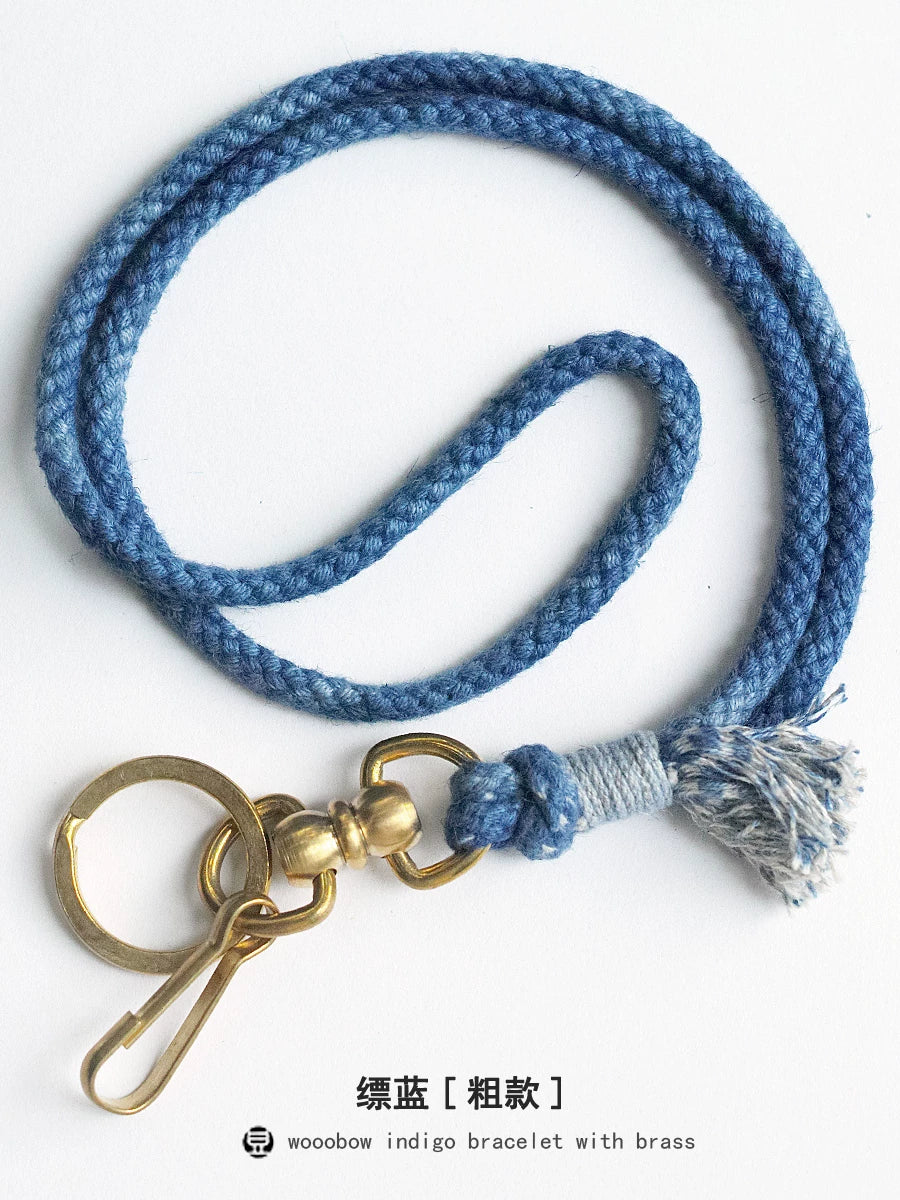 Hand Woven Cotton Linen Indigo Dyed Khaki Neck Lanyard Necklace For Phone ID Badge Key Vintage Casual Trendy Gift For Men Women Crafted Boho Style Neck Strap Hanging Chain