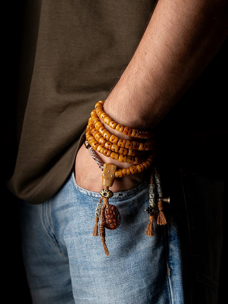 Traditional Tibetan 108 Beads Kajegdo Reproduced Citipati Master Yak Bone Carved Skull Mala Beads Bracelet Handmade Tibetan Style Buddhist Prayer Rosary Wrist Mala for Meditation and Spiritual Practice