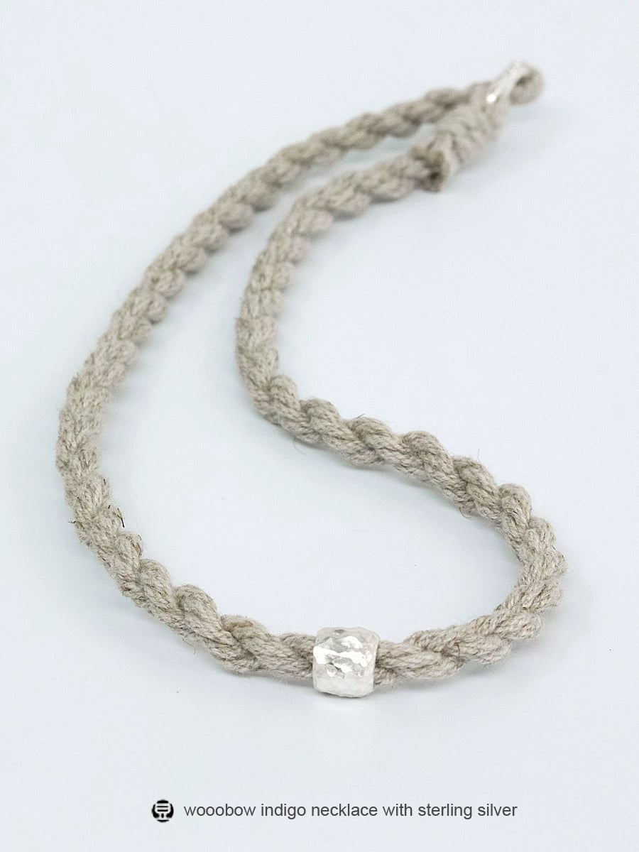 Hand Woven Indigo Dyed Hemp Cotton Necklace Cord Bracelet with Pure Silver Beads Unisex Couple Matching Jewelry Trendy Brand Gift for Men Women