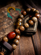 Vintage Aged Star-Moon Bodhi Beads Bracelet Single Layer Tibetan Style Handheld Bracelet with Braided Rope Tassel Old Material Star Moon Bodhi Mala Prayer Beads Wrist Mala