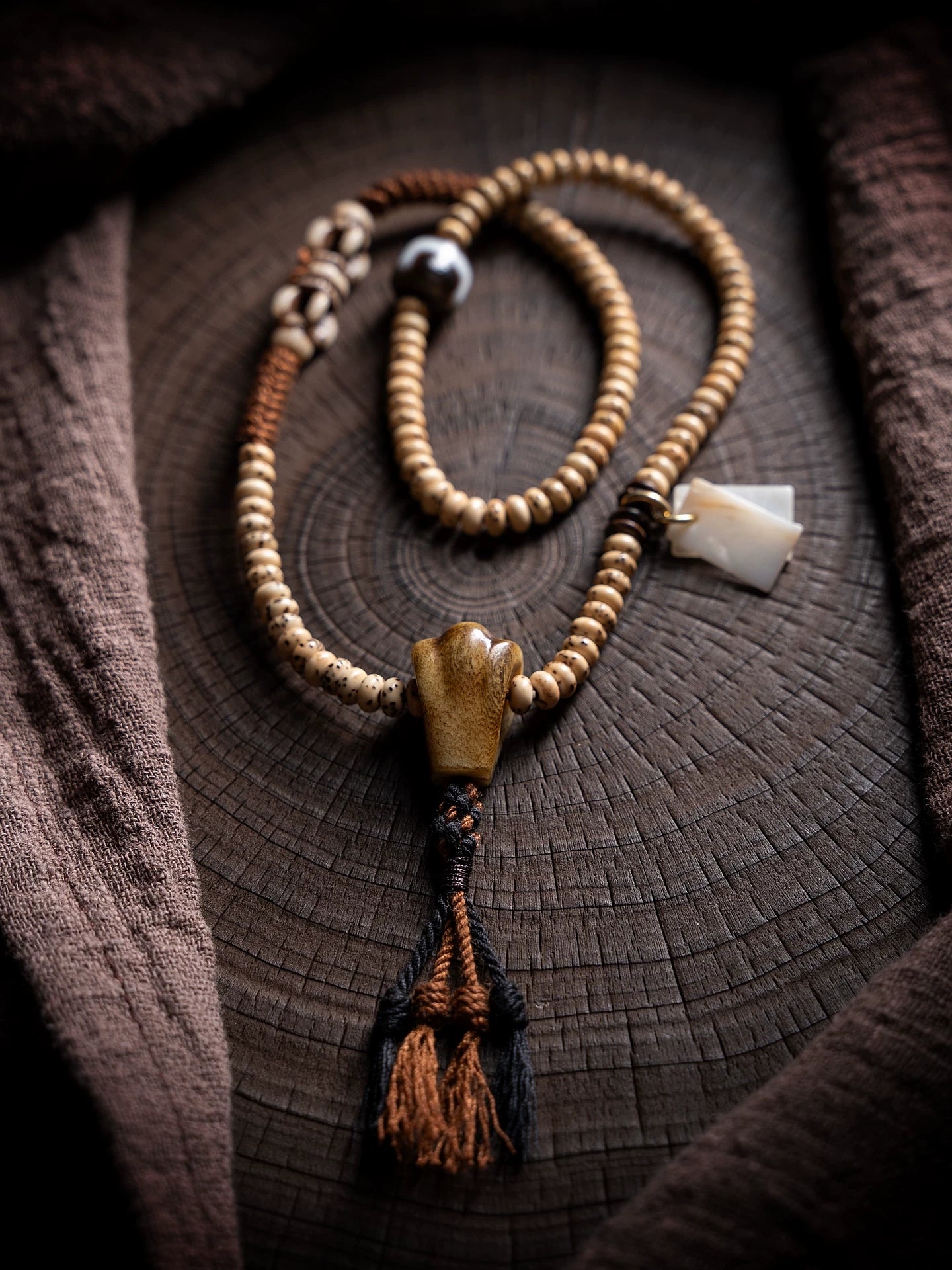 Original Design Hand Woven Tibetan Style Braided Rope 108 Beads Double Strand Bracelet Natural Aged Star-Moon Bodhi Seed Buddhist Mala Prayer Beads Wrist Bracelet