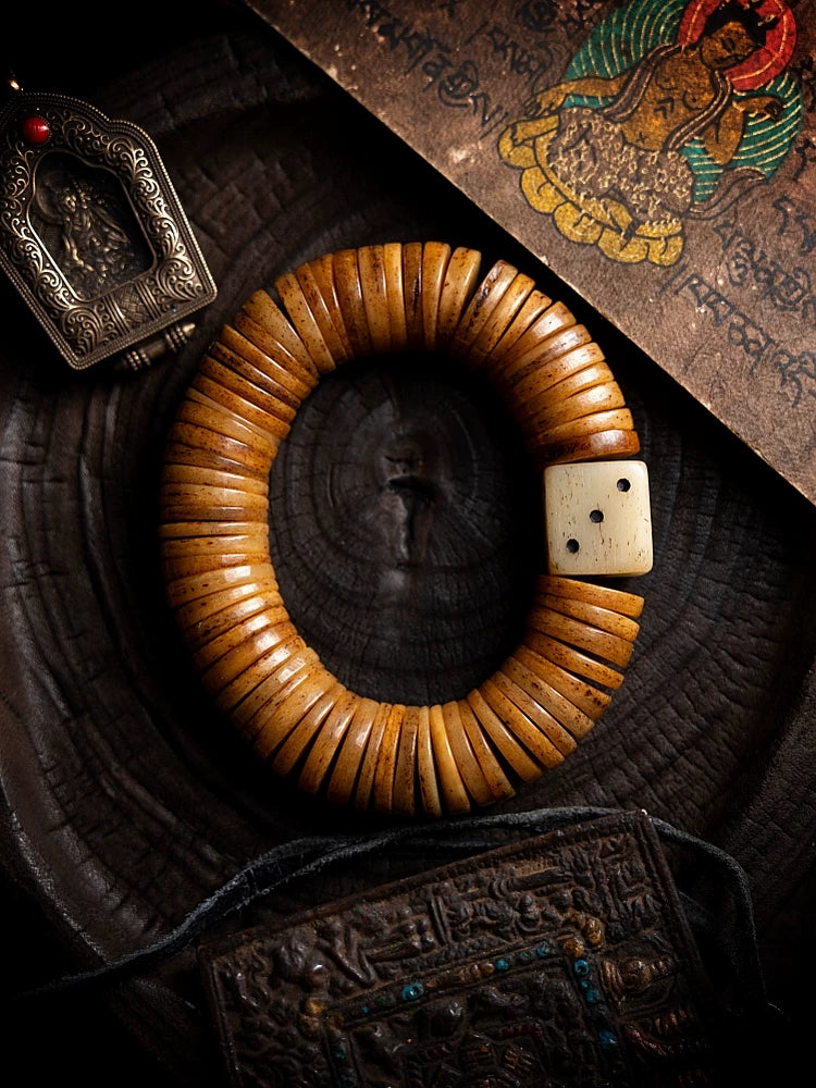 Autentiske tibetanske gamle yakknoglebedeperler Enkeltløkket armbånd til mænd Natur Ling Bone Håndkæde til håndspilssamling