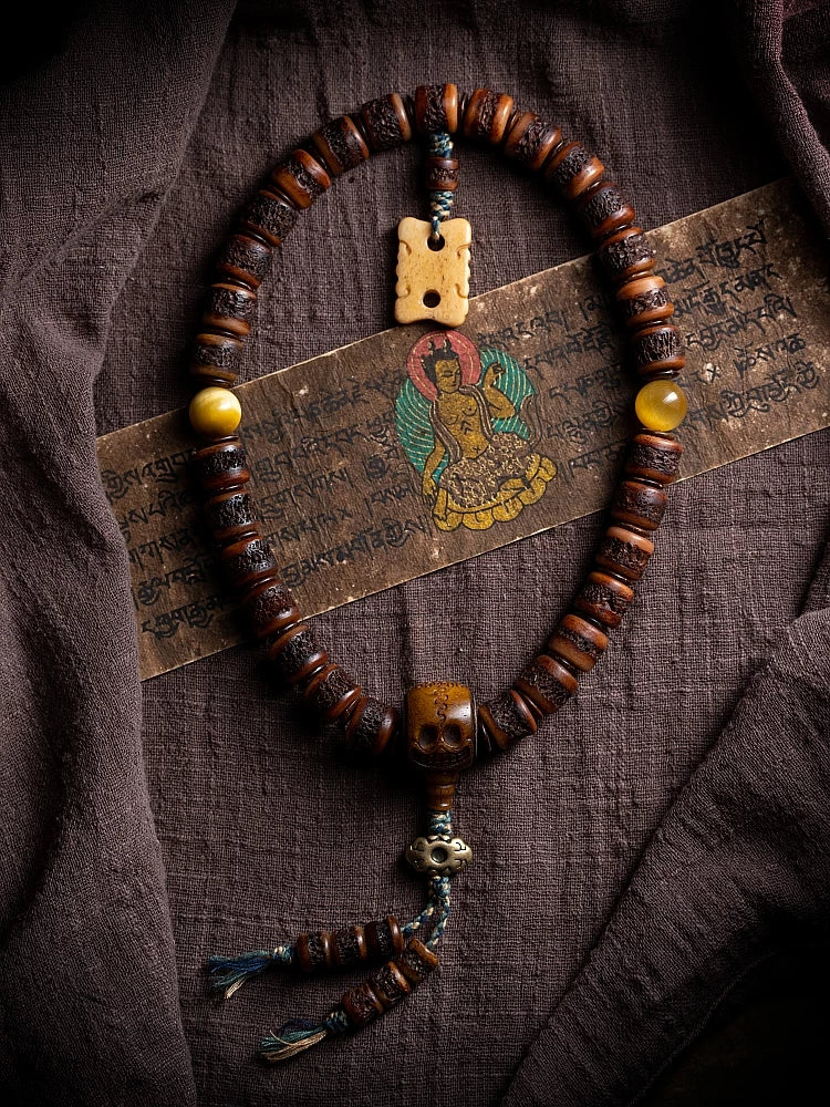 Inherited Collection Hand Carved Natural Old Material Tibetan Yak Bone Mala Bracelet Double Layered Rare Niche Yak Bone Prayer Beads Wrist Bracelet for Men