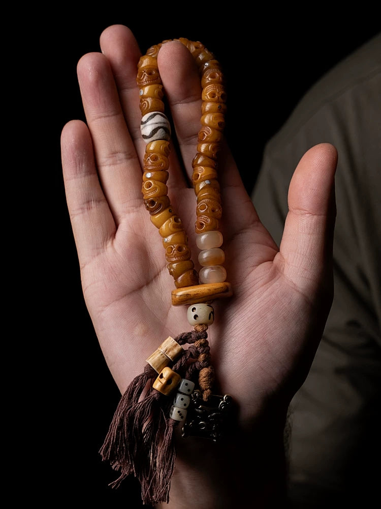 Tibetan Diagonal Cut Fringe Design Yak Bone Prayer Beads Bracelet Sitapati Skeleton Yak Bone Beaded Mala Hand String for Meditation Tibetan Buddhism Jewelry