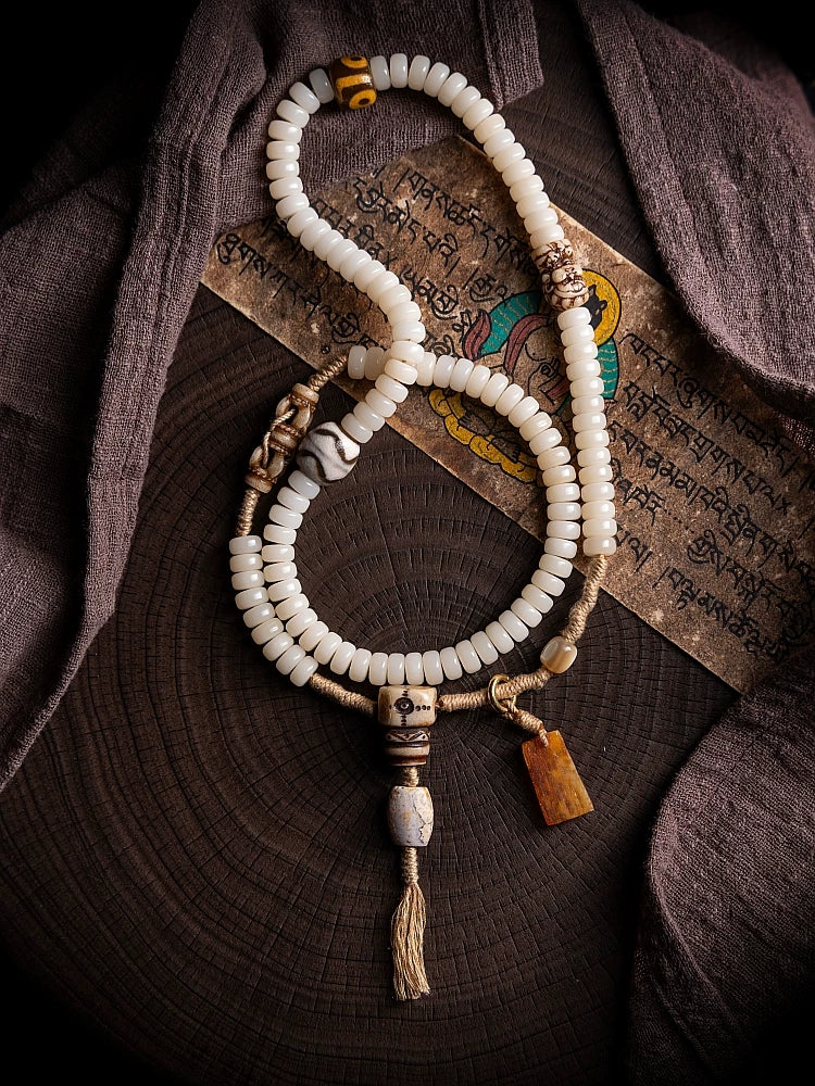 108 Beads Natural White Bodhi Root Mala Bracelet Handmade Tibetan Braided String Bodhi Root Rosary Wrist Bracelet Meditation Prayer Yoga Jewelry For Men Women