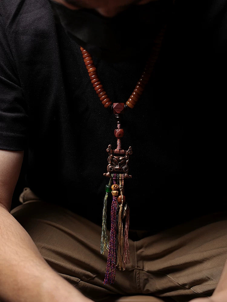 Tibetan Style Natural Old Material Yak Bone 108 Beads Prayer Mala For Men Women Yak Bone Bracelet Necklace With Scripture Buckle Handmade Tibetan Jewelry