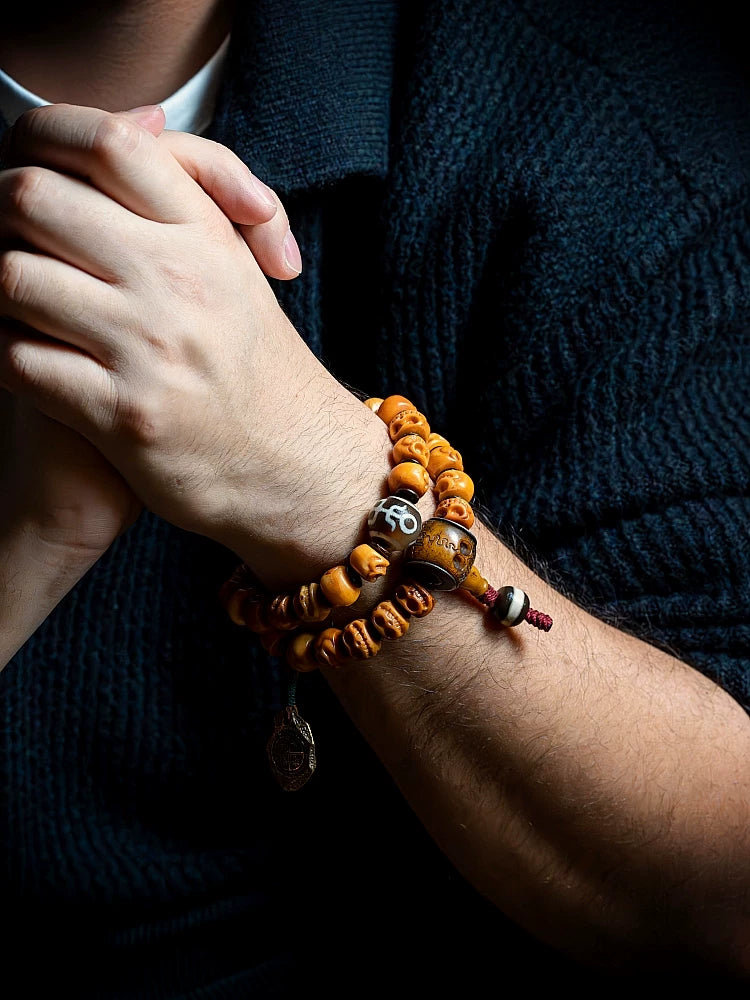 Tibet naturlig yakknogle mala-perlearmbånd vintage håndskåret kranium Mahakala flerlags armbånd håndlavede tibetanske etniske meditationsbedeperler smykker til mænd og kvinder