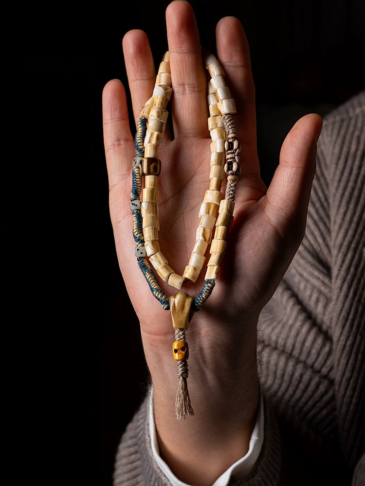Hand Woven Tibetan Style Multi Layer Bracelet Deer Antler Tip Yak Bone Bracelet Tibetan Traditional Cultural Collectible Bracelet For Hand Playing Meditation
