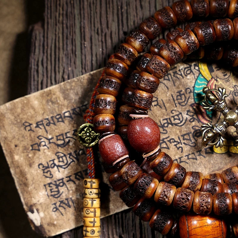 108 Beads Tibetan Style Natural Old Material Yak Bone Prayer Beads Bracelet Gada Scripture Buckle Hand String Tibetan Buddhism Necklace