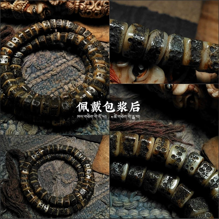 Traditional Inherited Tibetan Aged Yak Bone 108 Count Gaga Mala Prayer Beads Bracelet For Men Buddhist Meditation Daily Prayer Accessory