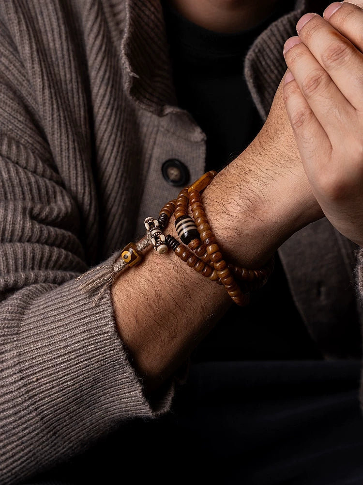 108 Beads Multi loop Handcrafted Tibetan Braided Rope Design Natural Old Yak Bone Mala Beads Bracelet For Men Can Be Used As Hand String or Necklace