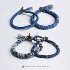 Handmade Braided Diamond Knot Cotton Linen Indigo Dyed Bracelet With Brass T Clasp Unisex Couple Woven Bangle Trendy Fashion Jewelry Gift For Men And Women
