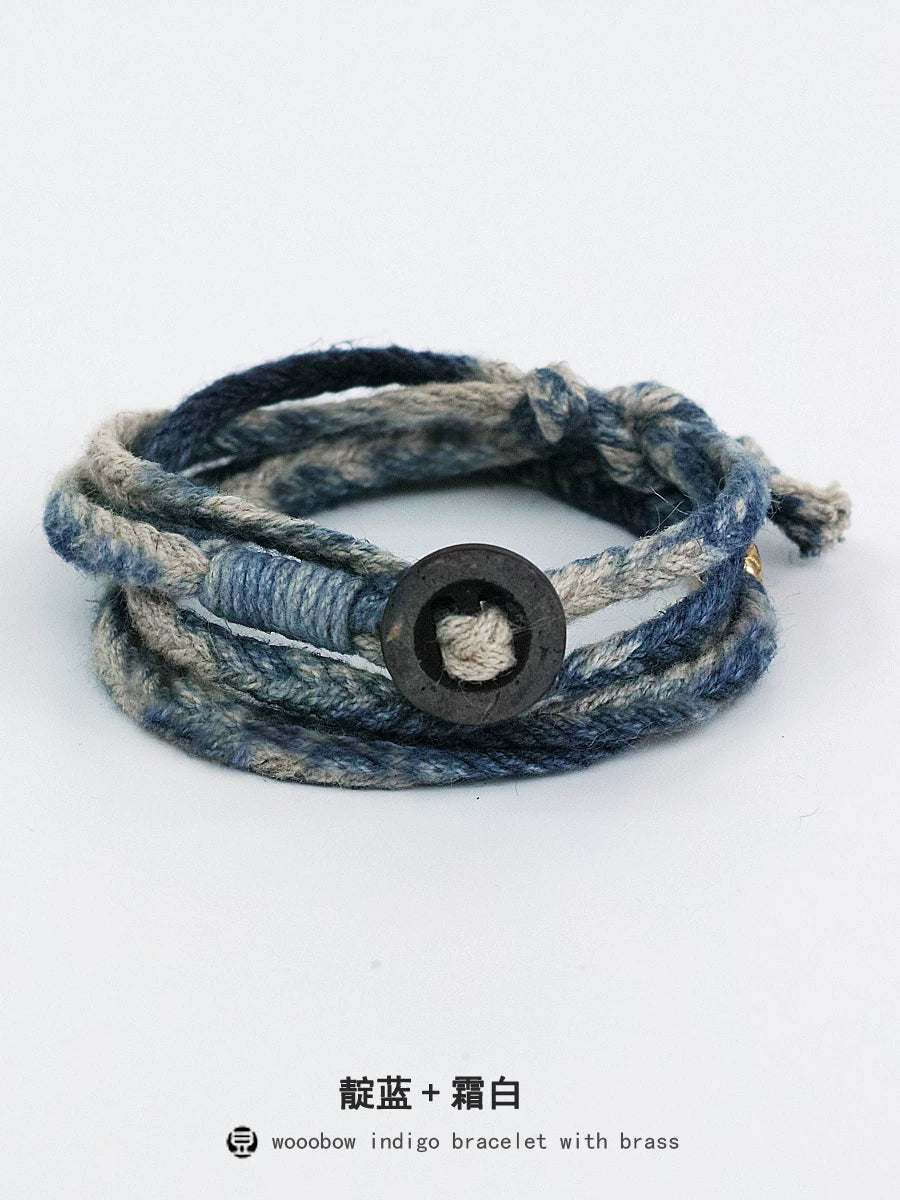 Handmade Original Five Strand Braided Bracelet Pure Silver Indigo Dyed Cotton Linen Couple Wristband Unisex Hand Braided Rope Bracelet Handcrafted Blue Dyed Fashion Adjustable Jewelry for Men and Women
