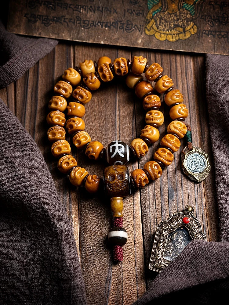 Tibet naturlig yakknogle mala-perlearmbånd vintage håndskåret kranium Mahakala flerlags armbånd håndlavede tibetanske etniske meditationsbedeperler smykker til mænd og kvinder