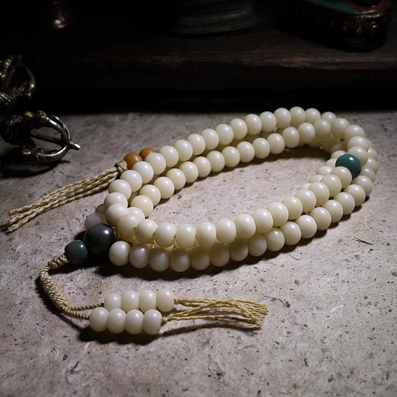 Original Design 108 Beads Natural White Bodhi Root Prayer Beads Bracelet White Jade Texture Hand String for Men Meditation Practice and Women Daily Wear Buddhist Rosary Wristband