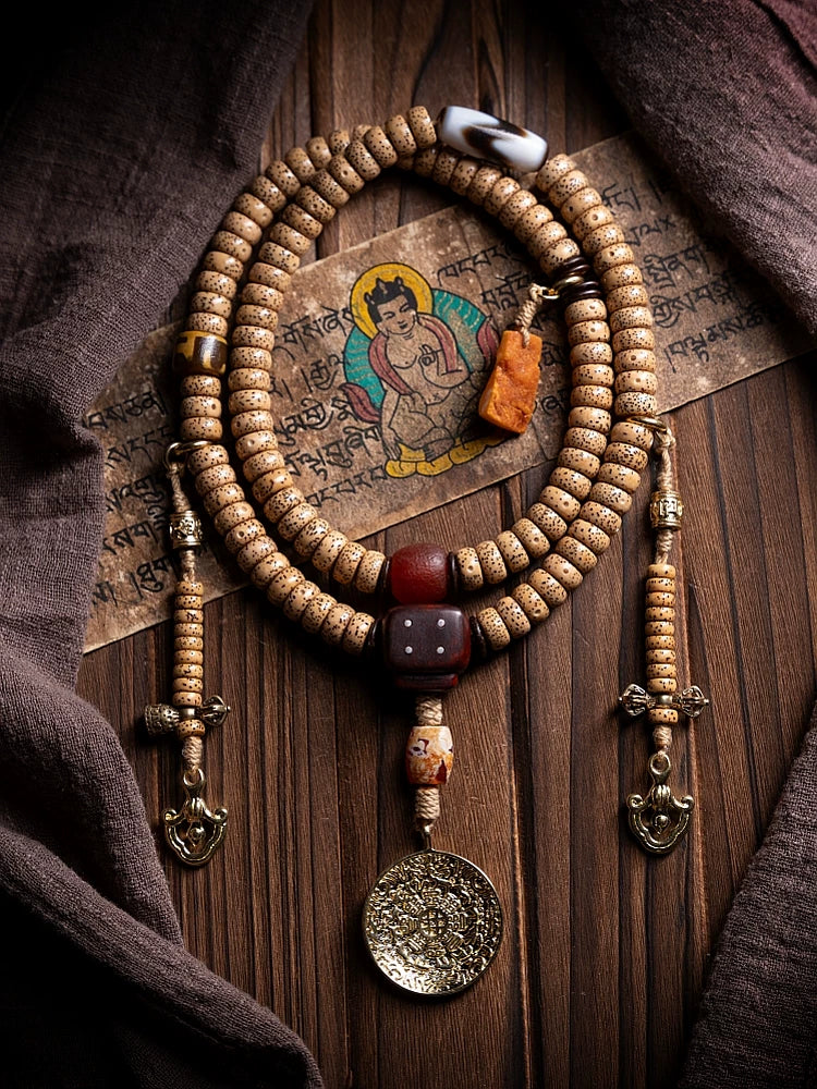 108 Beads Tibetan Style Mala Prayer Beads Natural Aged Star-Moon Bodhi Seed Buddha Beads Bracelet Handheld Accessory For Meditation Practice