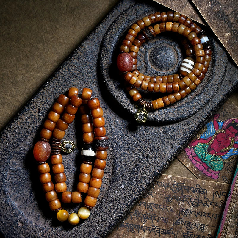 Tibet Natural Old Yak Bone Beads Prayer Mala Bracelet Handcrafted Tibetan Style Double Layer Yak Bone Bracelet for Men and Women Couples Spiritual Meditation Jewelry
