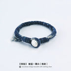 Handmade Indigo Dyed Beaded Buckle Cotton Linen Cord Bracelet with Pure Silver Accent Natural Plant Dye Unisex Couple Bangle Trendy Jewelry Perfect Holiday Birthday Gift for Men and Women