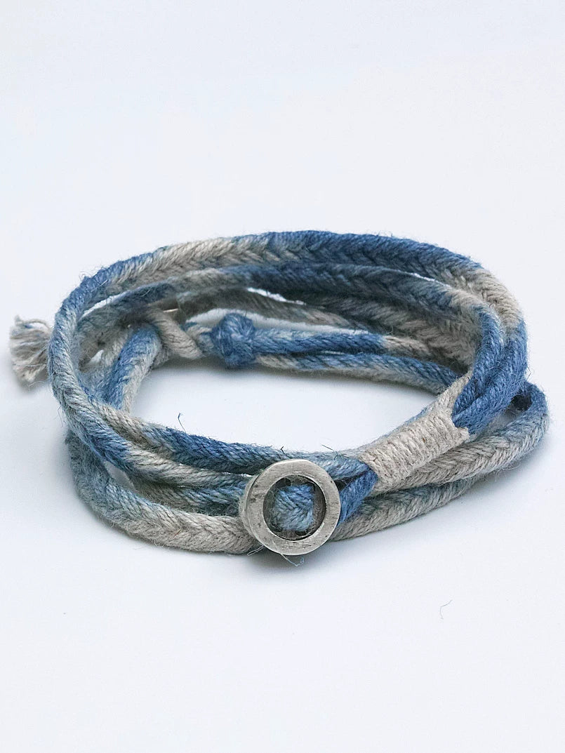 Original Handmade Indigo Dyed Cotton Linen Five Strand Braid Bracelet with Solid Silver Buckle Unisex Couple Wristband Hand Strap for Daily Wear Matching Gift for Lover