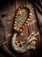 Vintage Aged Star-Moon Bodhi Beads Bracelet Single Layer Tibetan Style Handheld Bracelet with Braided Rope Tassel Old Material Star Moon Bodhi Mala Prayer Beads Wrist Mala