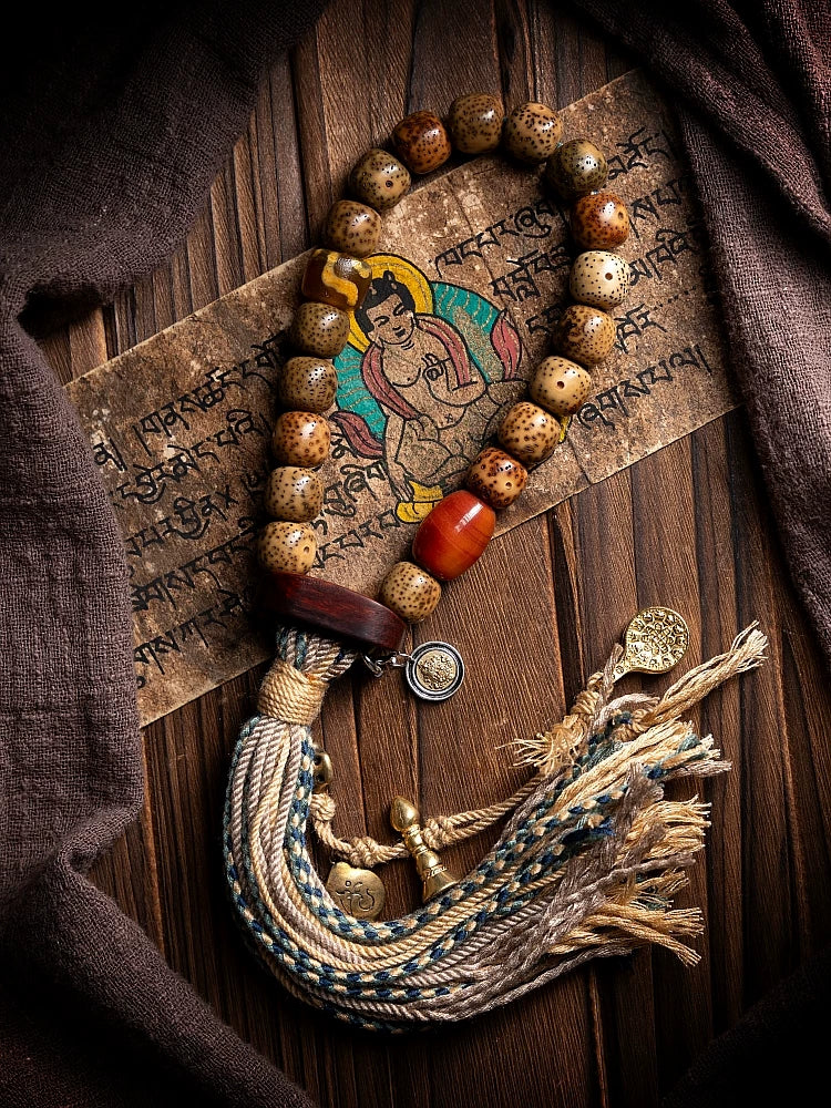 Vintage Aged Star-Moon Bodhi Beads Bracelet Single Layer Tibetan Style Handheld Bracelet with Braided Rope Tassel Old Material Star Moon Bodhi Mala Prayer Beads Wrist Mala