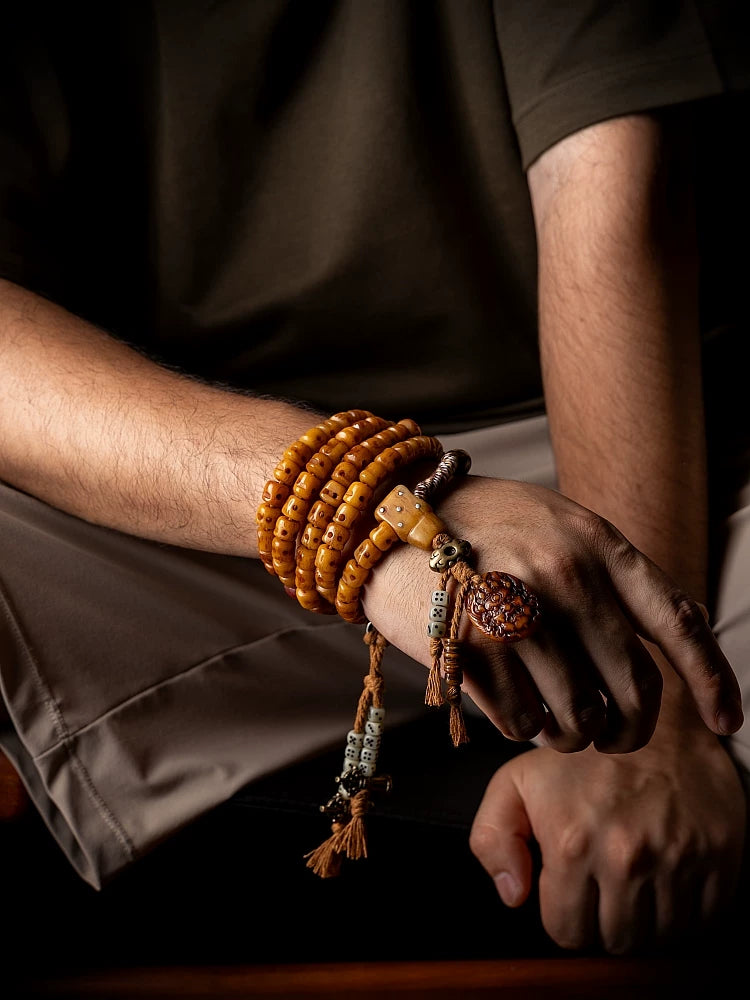 Traditional Tibetan 108 Beads Kajegdo Reproduced Citipati Master Yak Bone Carved Skull Mala Beads Bracelet Handmade Tibetan Style Buddhist Prayer Rosary Wrist Mala for Meditation and Spiritual Practice
